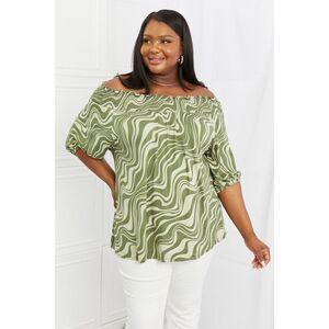 Celeste So Wavy Full Size Off-The-Shoulder Scrunch Sleeve Top In Matcha